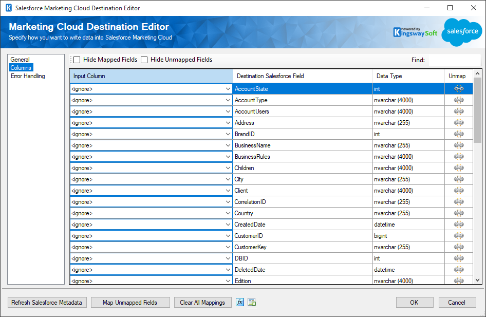 SSIS Salesforce Marketing Cloud Destination - Columns